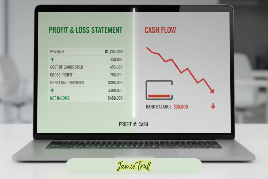 A laptop screen displays a split graphic comparing a profit and loss statement showing strong net income with a declining cash flow chart and a low bank balance. The image illustrates that positive cash flow means more than profit alone and highlights gaps that can occur without monitoring operating and financing cash flow. Branding for jamietrull.com appears at the bottom.