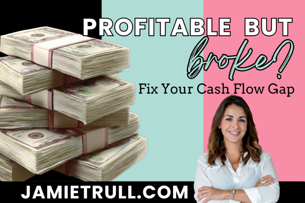 gross-profit A graphic showing stacked bundles of money on the left and a confident female business expert on the right, with the headline “Profitable but Broke? Fix Your Cash Flow Gap.” The image represents how a business can have high net revenue, net profit, and rising operating expenses while still struggling with cash flow. (From JamieTrull.com)