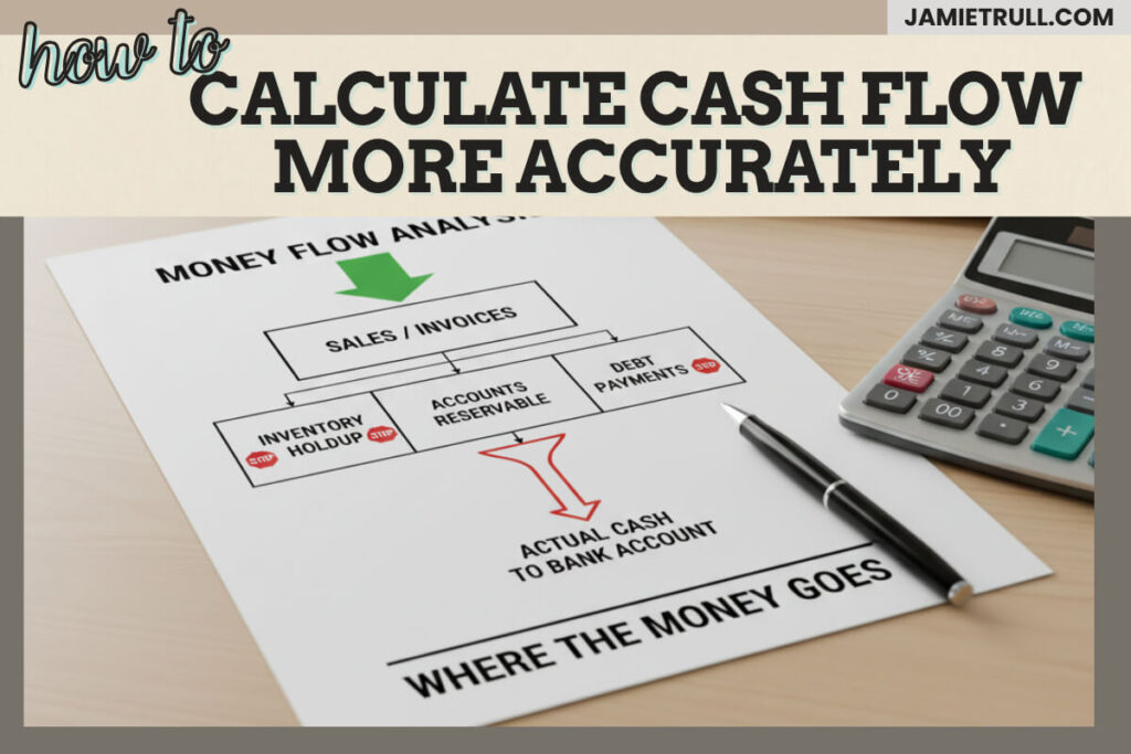 A desk scene showing a money flow analysis worksheet with arrows illustrating how sales turn into actual cash, highlighting inventory delays, accounts receivable, and debt payments. A calculator and pen sit beside the paper. The graphic relates to understanding negative cash flow, positive cash flow, and net profit so small business owners can maintain a profitable business.