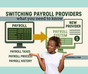 Graphic showing a comparison between an old payroll system and a new payroll provider, with an arrow illustrating the switch. A woman stands in front shrugging as if deciding between options. Text highlights payroll taxes, payroll process, and payroll history, representing choosing the right payroll software or payroll service.
