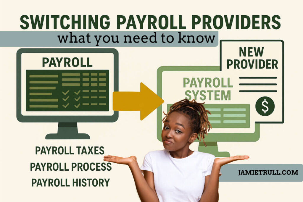 Graphic showing a comparison between an old payroll system and a new payroll provider, with an arrow illustrating the switch. A woman stands in front shrugging as if deciding between options. Text highlights payroll taxes, payroll process, and payroll history, representing choosing the right payroll software or payroll service.