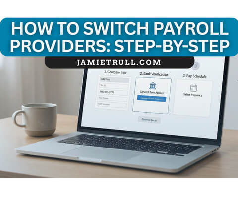 A laptop displaying payroll software setup screens used to manage employee data, handle tax filing and tax withholdings, and pay employees through an automated payroll system.