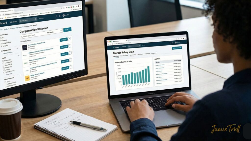 Business owner reviewing salary surveys and market data to support compensation agreements by comparing what similar businesses and comparable businesses pay.
