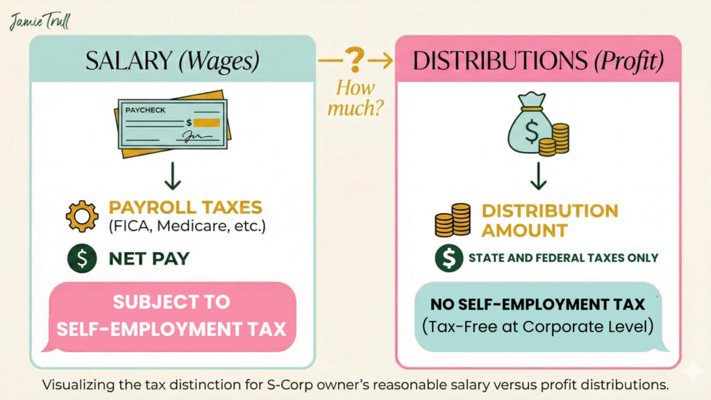 Diagram comparing salary and distributions for an S corp, illustrating ax savings from paid reasonable compensation while accounting for federal unemployment tax.