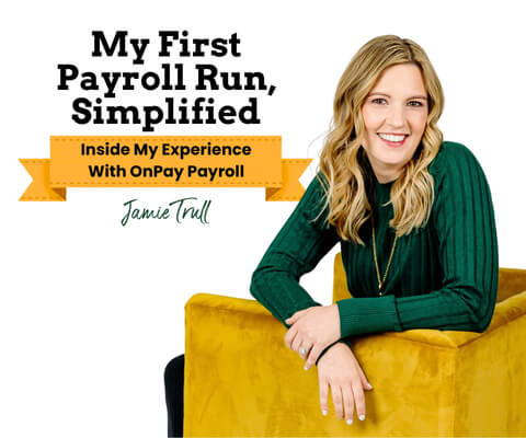 Jamie Trull seated in a home office, sharing her experience using a payroll service to pay employees.
