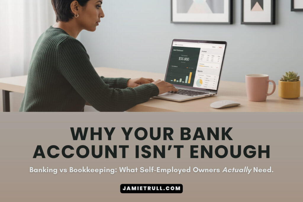 Self-employed professional using top accounting software on a laptop for tracking expenses and managing business finances. From jamietrull.com.