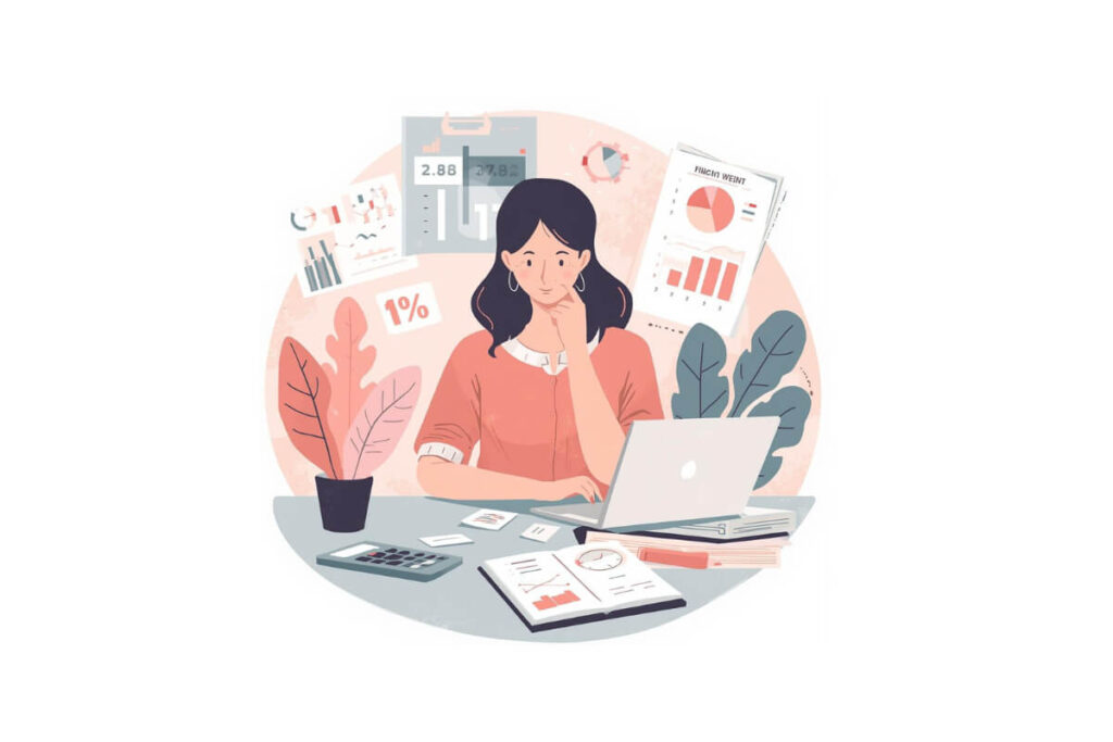 Illustration of a small business owner reviewing financial reports on a laptop, showing basic accounting tasks, professional invoices, and tools used by small businesses.