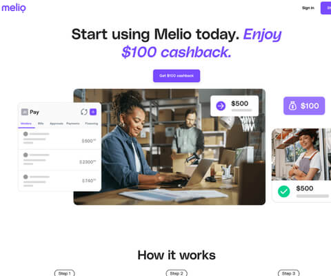 Melio accounts payable platform promoting $100 cashback with tools to reduce data entry, manage invoice volume, and create customizable workflows.