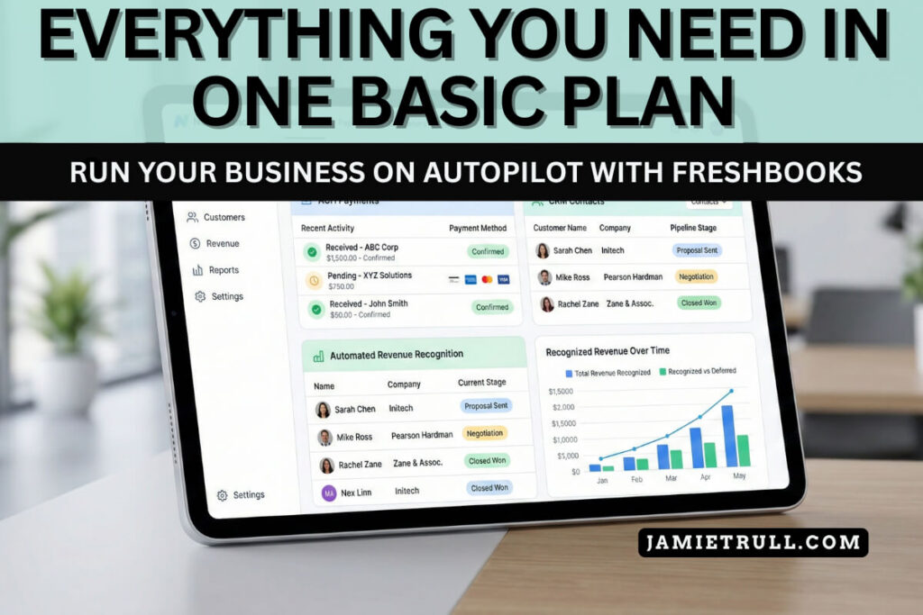 Tablet displaying a business dashboard with ACH payments, built-in CRM systems, and automated revenue recognition features included in a basic plan.