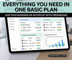 Tablet displaying a business dashboard with ACH payments, built-in CRM systems, and automated revenue recognition features included in a basic plan.