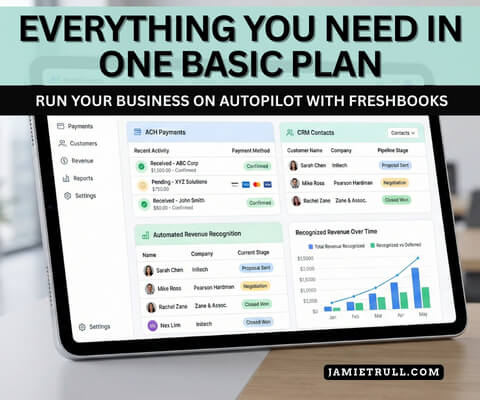 Tablet displaying a business dashboard with ACH payments, built-in CRM systems, and automated revenue recognition features included in a basic plan.