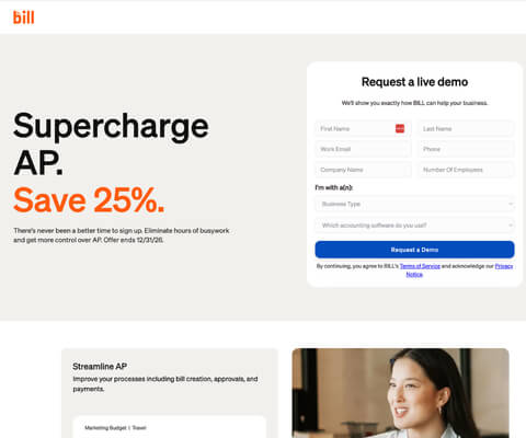 Screenshot of Bill AP software highlighting tools for managing accounts payable, improving the payment process, and eliminating manual tasks.