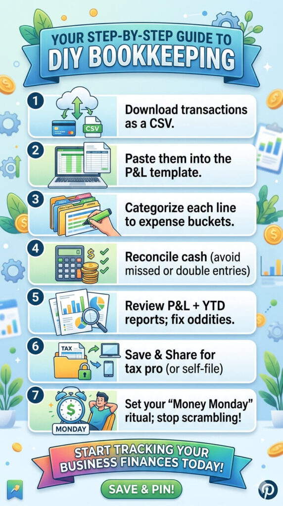 Step-by-step DIY bookkeeping guide showing why catch up bookkeeping is important for business owners, helping avoid poor bookkeeping with clear steps for organizing financial records and staying on track.