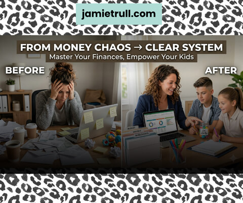 Split image of financial chaos vs organized system managing actual spending, regular monthly bills, and retirement accounts from JamieTrull.com.