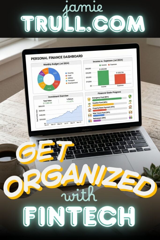 financial-future Laptop showing personal finance dashboard with recurring payments, personal loans, and important documents organized like a digital filing cabinet from jamietrull.com.