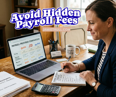Small business owner using a payroll service to manage payroll, reviewing payroll software and notes on how many employees while comparing provider options (available at JamieTrull.com).