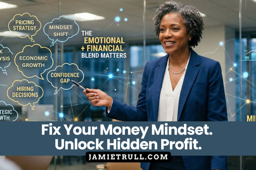 Business professional presenting concepts related to financial analysis, cash management, and financial decisions, highlighting the connection between money mindset, pricing strategy, hiring decisions, and economic growth.